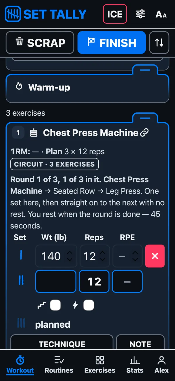Set Tally running a circuit round: the chest press card says which round it is and what comes next.
